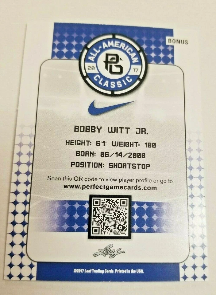 BOBBY WITT Jr Rare 2017 NIKE Perfect Game All American BONUS Rookie ONLY 2017 RC - Image 2 of 2