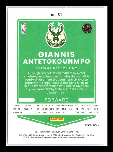 Giannis Antetokounmpo 2021-22 Donruss Optic Purple Prizm #31 - Picture 2 of 2