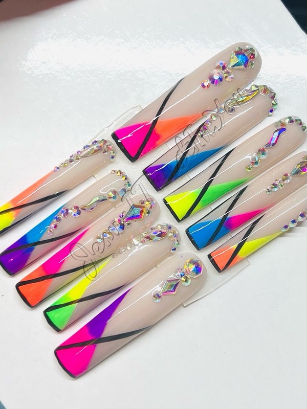 NEON GLASS RHINESTONE - 3X XXXL SQUARE - HARD GEL PRESS ON NAILS 💅