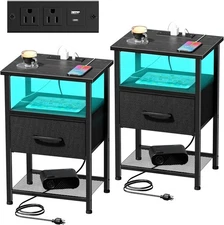 Nightstands Set of 2 with Charging Station and Drawer, End Table Black 