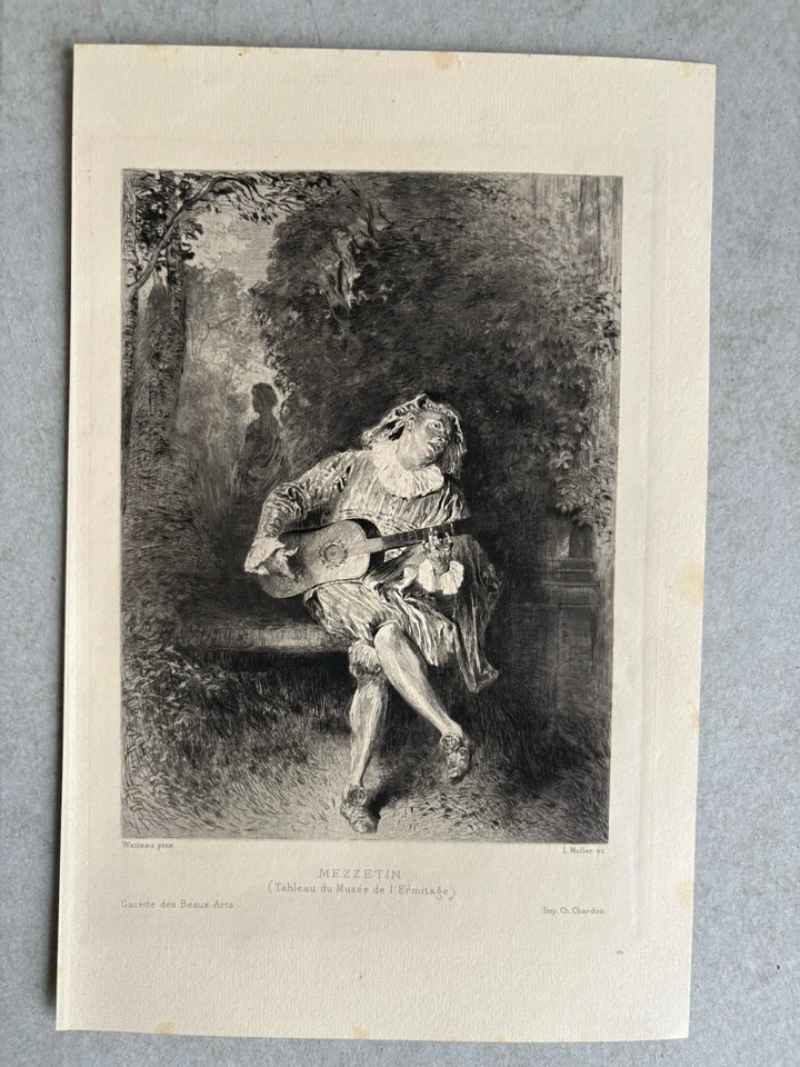 Antoine Watteau gravure Eau Forte Etching Mezzetin Musique Guitare Guitariste - Photo 2/4