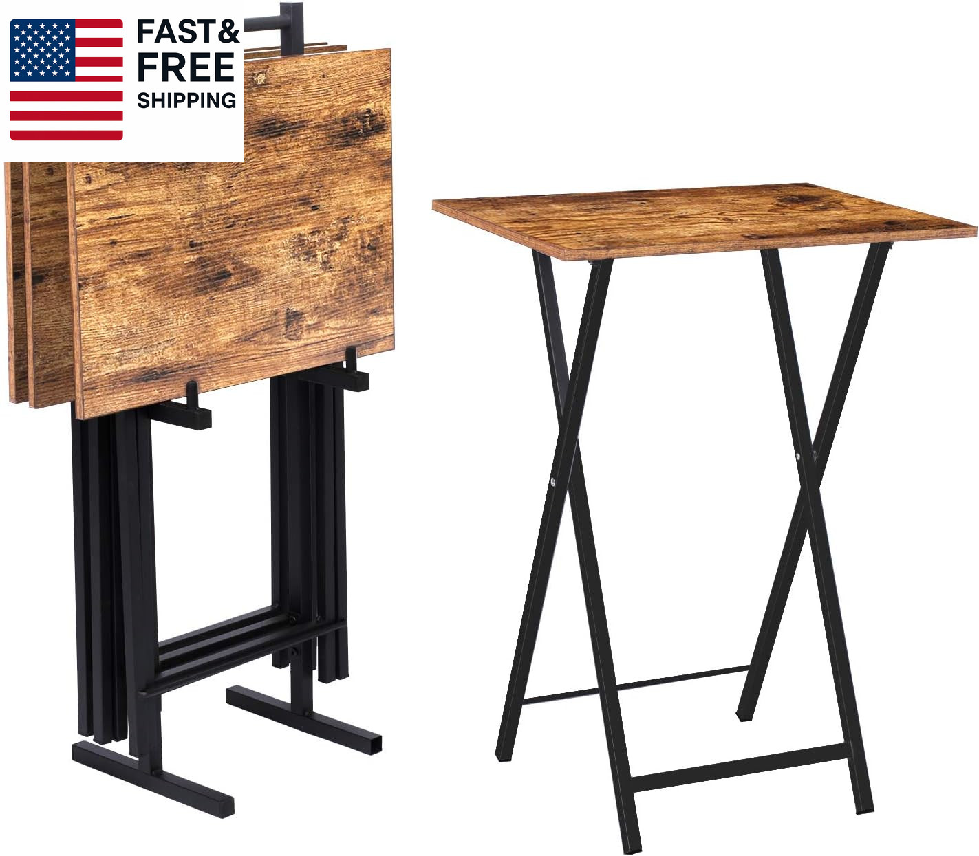 Folding TV Tray Tables, Set of 4 TV Trays with Storage Rack, Industrial Side Tab