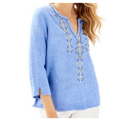 Lilly Pulitzer Amelia Island Tunic Blouse Bennet Blue Chambray Beaded XS - $178