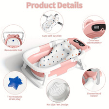 Baby Bathtub Foldable with Cushion Thermometer Portable Travel Newborn to Toddle