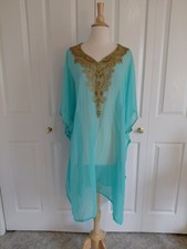 Aqua Blue Silk Chiffon Caftan Cover up Midi Shear Gold Beaded Dress Fits Most