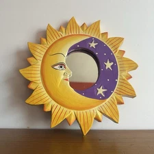 Vintage 90s Celestial Sun Moon Stars Mirror 8in Hand Painted Whimsygoth Purple