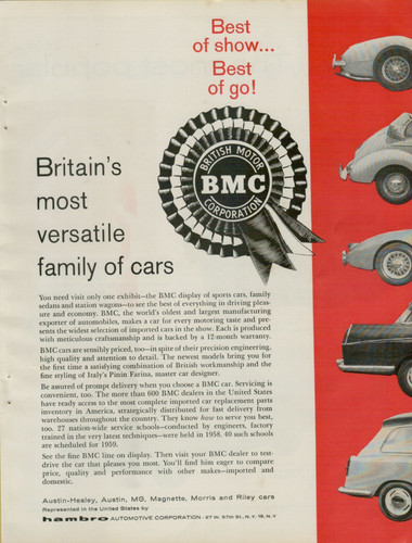 1959 BMC Family of Cars MG MGA Austin Magnette 4-page Original Vintage Print Ad