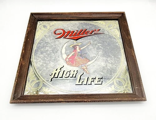 VINTAGE MILLER HIGH LIFE Girl on the Moon WITCH BEER MIRROR BAR SIGN 1979