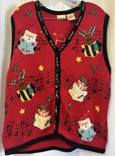 VTG Bobbie Brooks Red Christmas Vest Musical Theme Embroidered Beaded Womens 2X