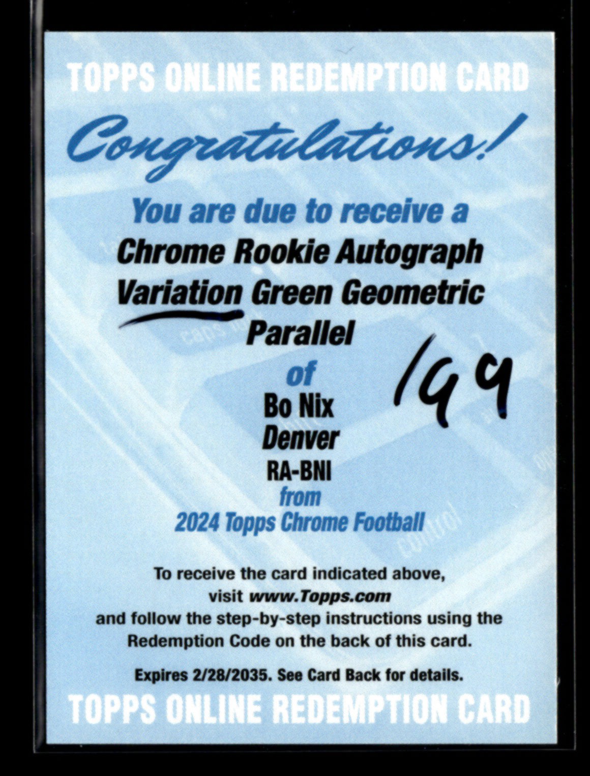 Bo Nix 2024 Topps Chrome Football Auto Green Geometric /99 Rookie [zj79