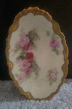 Vtg Elite Works Limoges France Gold Edge Floral Dish Pink Roses Hand Painted 8"