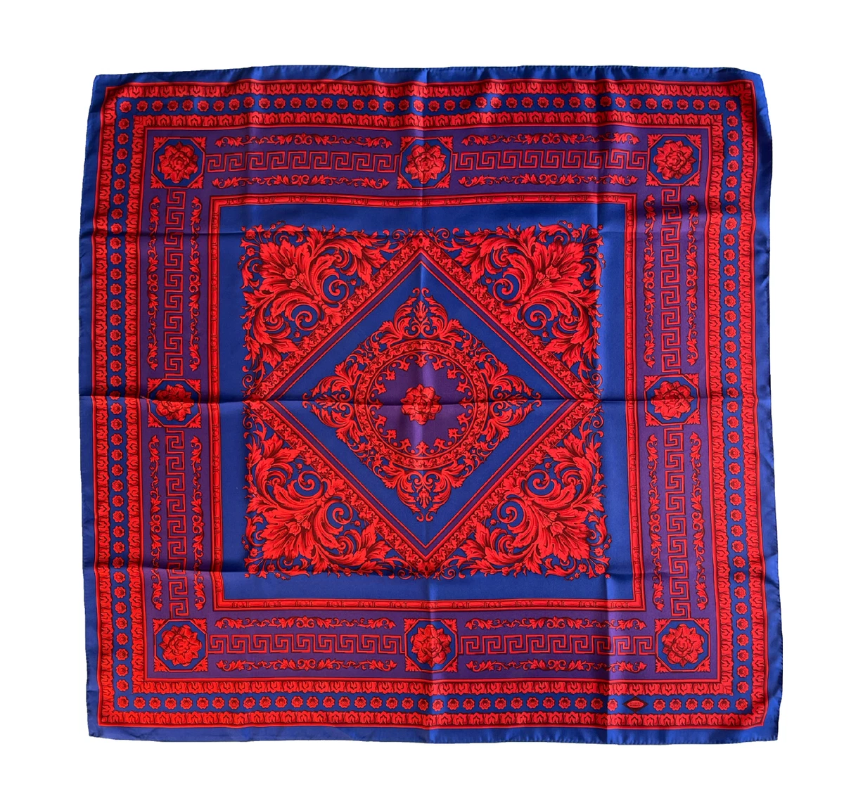 Foulard VERSACE Vintage En Soie, Brodé, Motif Floral Noir Et Gris Argenté - Rare