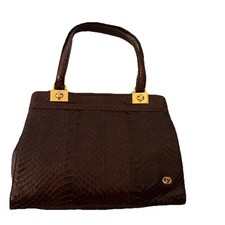 Vintage Genuine Snakeskin Handbag Brown, Structured Top Handle Made In Italy.JP