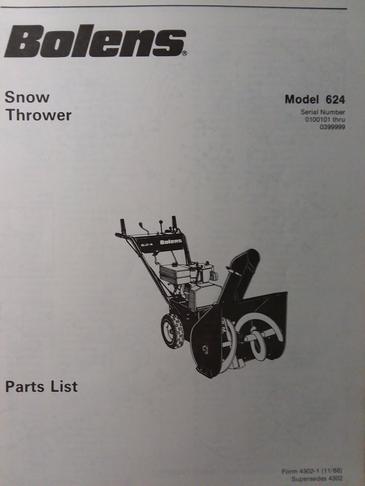 Bolens WalkBehind Snow Thrower 624 Parts Catalog Manual eBay