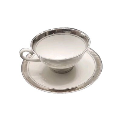  ALADDIN-USA RENEE Footed Cup And Saucer Set Platinum Silver China 