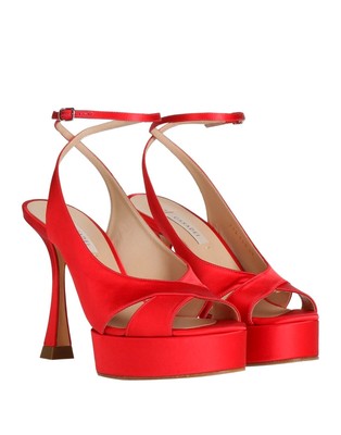 Sandali in raso e pelle con tacco e plateau, rosso fiamma, Casadei, N.41