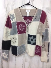VTG Holiday Winter Snowflake Cardigan Sweater Patchwork Embroidered Angora  M