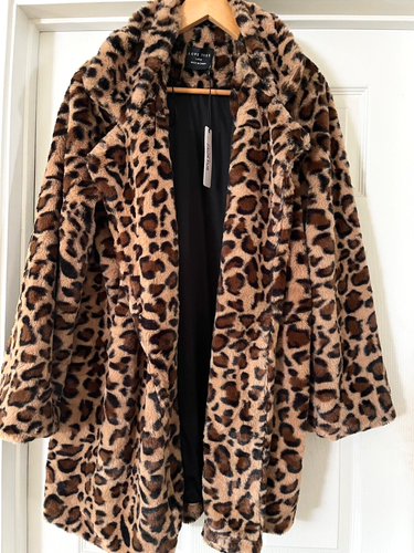 LOVE TREE Large LEAPORD FAUX FUR OPEN FRONT JACKET ROCKABILLY W/ POCKETS