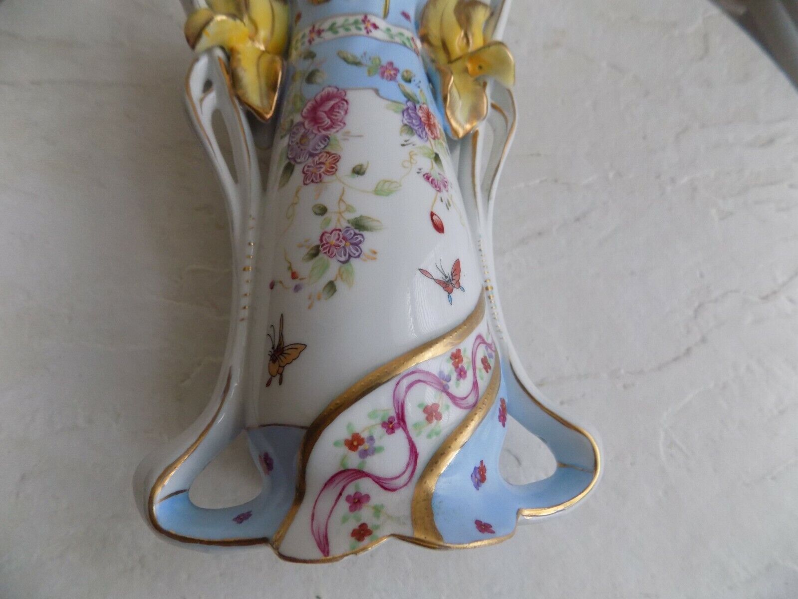 Antique Richard Klemm Dresden Germany Art Nouveau Vase, floral with gold butterf