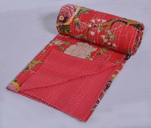 Indian Hand Block Floral Kantha Quilt,Blanket Cotton King Size Bedspread Throw - Picture 5 of 10