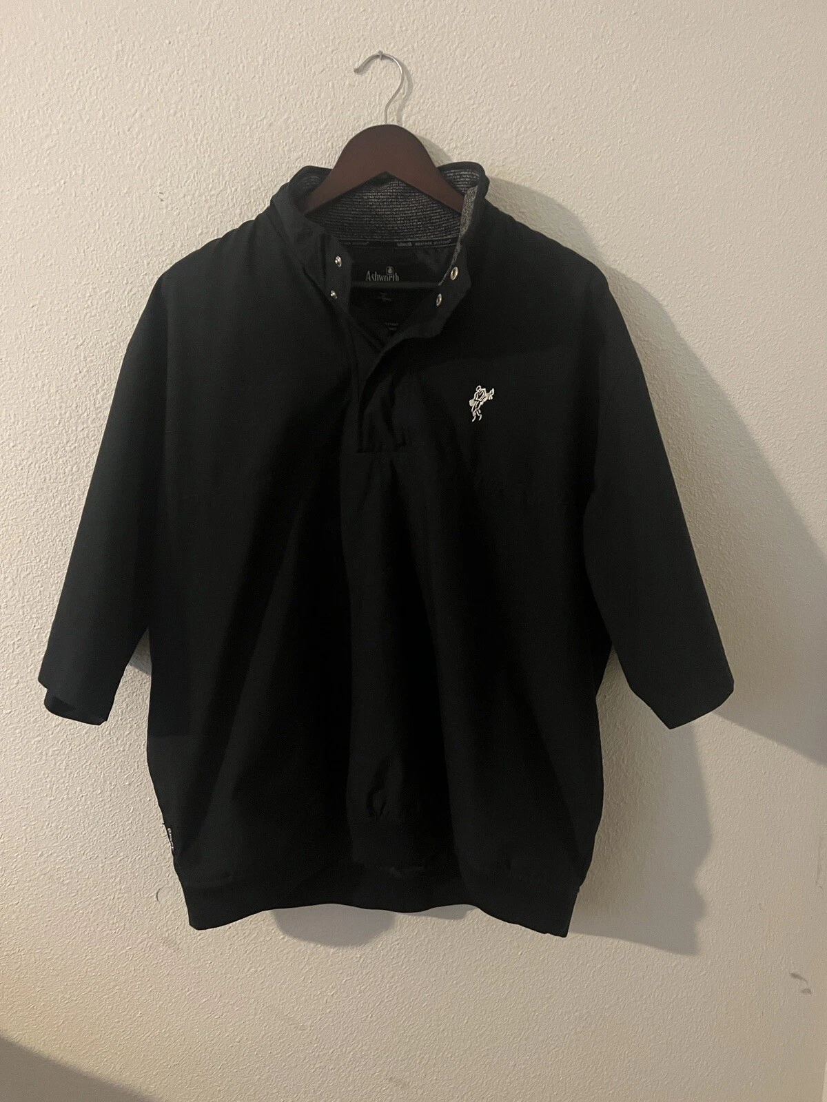 Ashworth Pullover Mens L 1/4 Snap Black Weather Systems Golf Windbreaker S/S