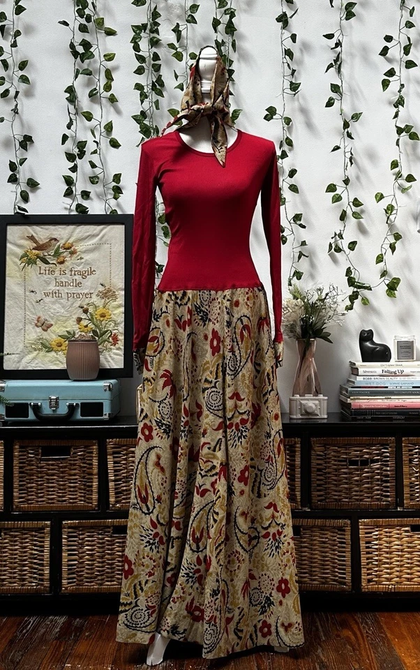 Maxi Vestido Vera Maxwell Vintage Años 70 Traje de Velocidad Rojo Marrón Mod Boho Hippy XS/S Foto 2 de 4