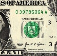 eight digit broken ladder FANCY SERIAL NUMBER ONE DOLLAR C39785064A 3 to 0
