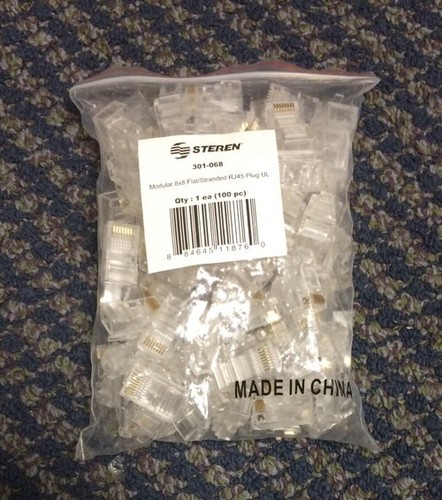Steren Modular 8x8 Flat/Stranded Ethernet RJ45 Plug 301-068 NEW Bag of 100 - 第 1/1 張圖片