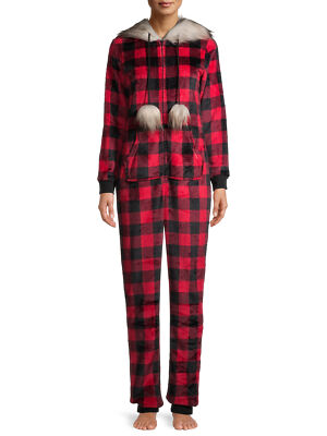 Womens Buffalo Plaid Union Suit One Piece Pajamas Red