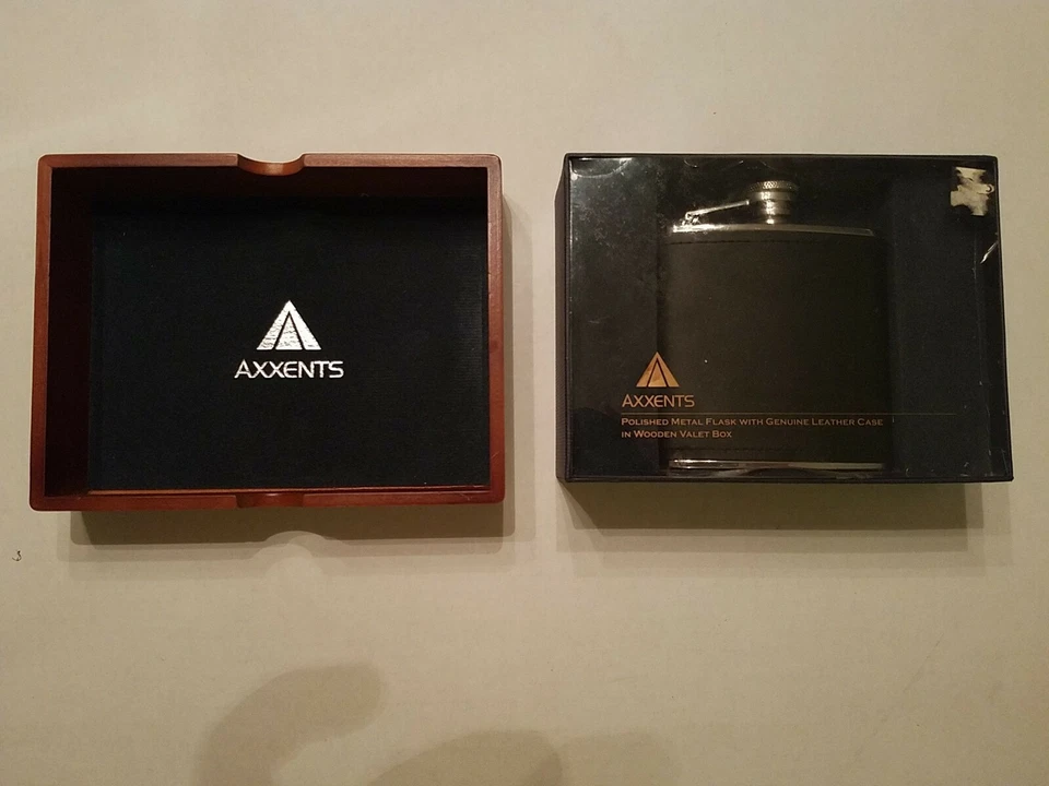 Axxents Metal Flask With Genuine Leather Case In Wooden Valet Box. Brand New! - Image 3 of 4
