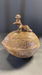 Vintage Holland Ceramic Squirrel on Walnut Candy Nut Dish Bowl Trinket 6”