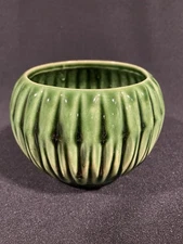 USA Art Pottery Round Planter Deep Green Pleated Pattern Vintage MCM 3 7/8" H