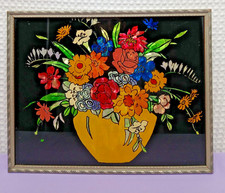 VINTAGE 1958 TINSEL REVERSE GLASS FRAMED PAINTING FLORAL BOUQUET FOLK ART NICE