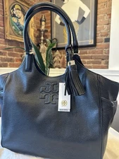 New! Tory Burch Thea Round Black Leather Large Tassel Tote Shoulder Bag 41149725
