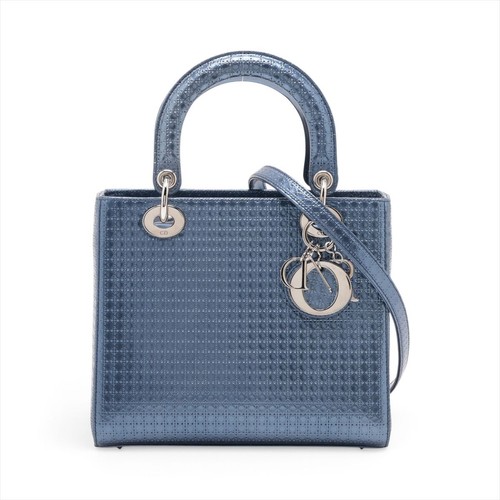 Christian Dior Lady Dior Cannage Handbag Patent Leather Navy Unisex #ALB8208
