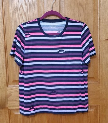 Kate Spade Jae Lip Striped Print Shirt Size Medium (Pink/Multi) (WKRU6499)