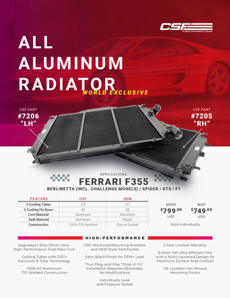 CSF High Performance All-Aluminum Radiator Fits Ferrari F355 94-99 Right 7205