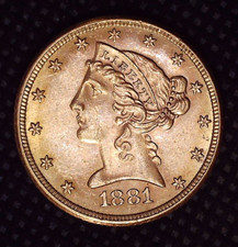 1881 US Liberty Head Half Eagle Gold Coin $5 Five Dollars Uncirculated