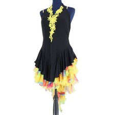 Ballroom Dance Costume Latin Dress Yellow Lace Applique Open Back Black