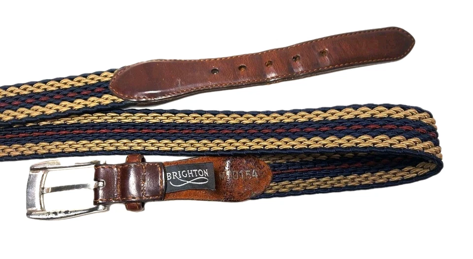 Brighton Stretch Nylon Woven Belt Braided Blue Red Pattern Leather Brass Sz 36 - Image 3 of 4