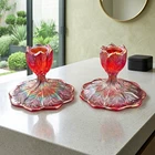 Vintage Red Amberina Carnival Glass Water Lily Candle Holders Pair 3" UV