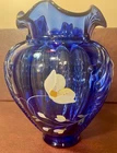 Vintage Shelly Fenton Hand Painted   Cobalt Blue Glass Vase #459, Signed