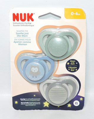 NUK Orthodontic Pacifier 3 PACK Glow In The Dark 0-6 Months, Owl, Assorted, NEW