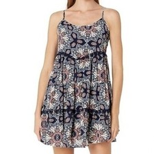 Taylor & Sage Navy Blue Boho Paisley Mini Dress Spaghetti Straps Lace Trim M