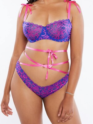 Savage X Fenty Lingerie Bite Me Ribbon Writing BRA & Brazilian SET 36B/M NEW!
