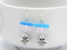 Frosted Pink  Blue Sea Glass Beach Stone Pebble Silver Charm SEASHELL Earrings