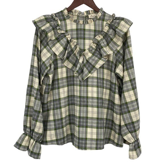 Lena Tartan Top Women’s sz Medium Plaid Mock Neck Ruffle Cream Green  Cottagecore