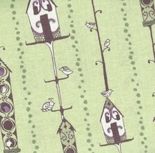 Feather n Stitch green purple bird houses Blend fabric