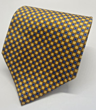 Men's 100 Silk Neck Tie Light Yellow w/ Blue Square Checkered Pattern Retro