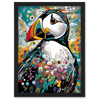 Puffin Bird Painting Floral Psychedelic Aquatic Bird Framed Wall Art Print A4